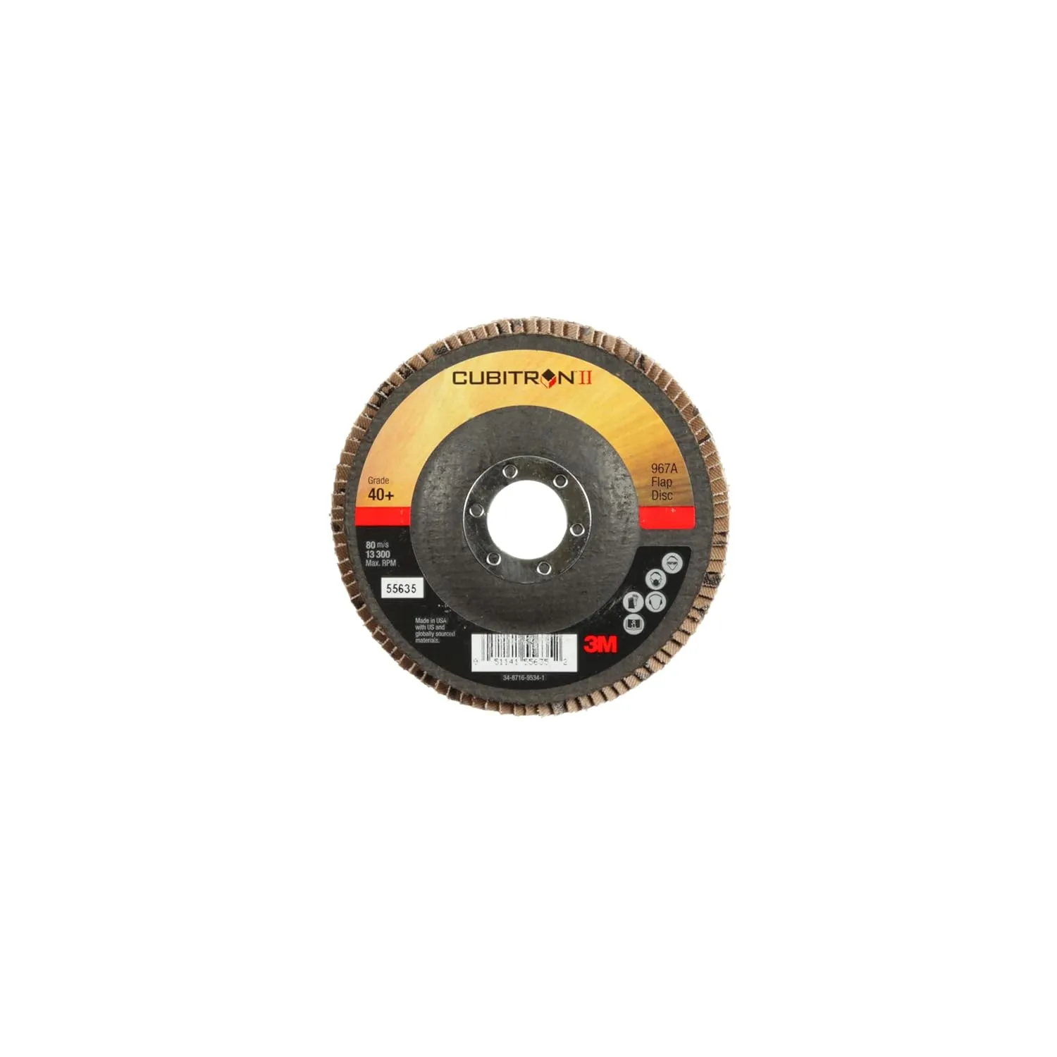 3M Cubitron II Flap Disc 967A, 40+, T27, 4-1/2 in x 7/8 in, Giant, Pack of 10, Medium Pressure Applications, Light Deburring