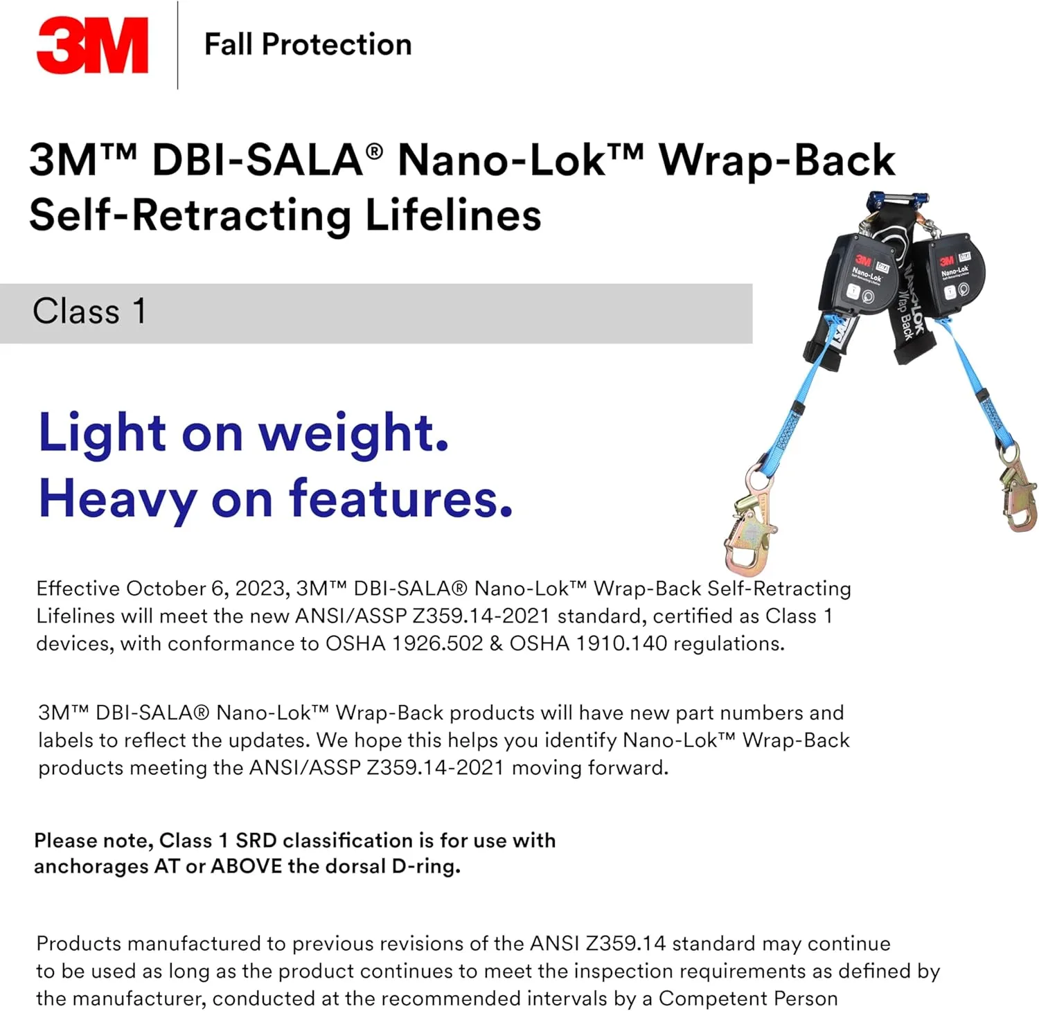 3M DBI-SALA Nano-Lok Self-Retracting Lifeline with Quick Connect 3100618, Web, Wrap Back, 8 ft.