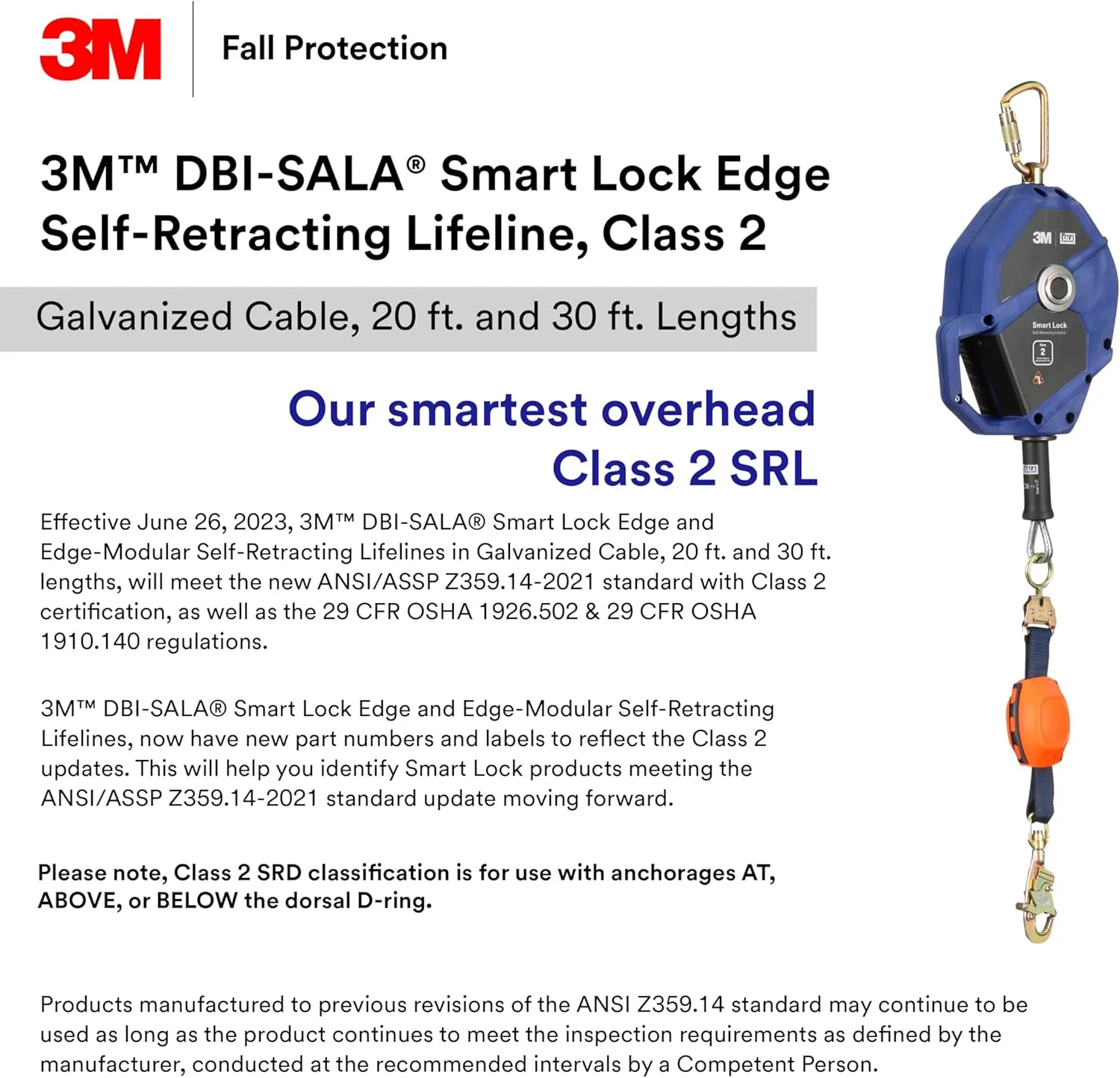 3M DBI-SALA Smart Lock Edge Modular Self Retracting Lifeline 3503881, Galvanized Cable, Steel Swivel Snap Hook, 30 ft