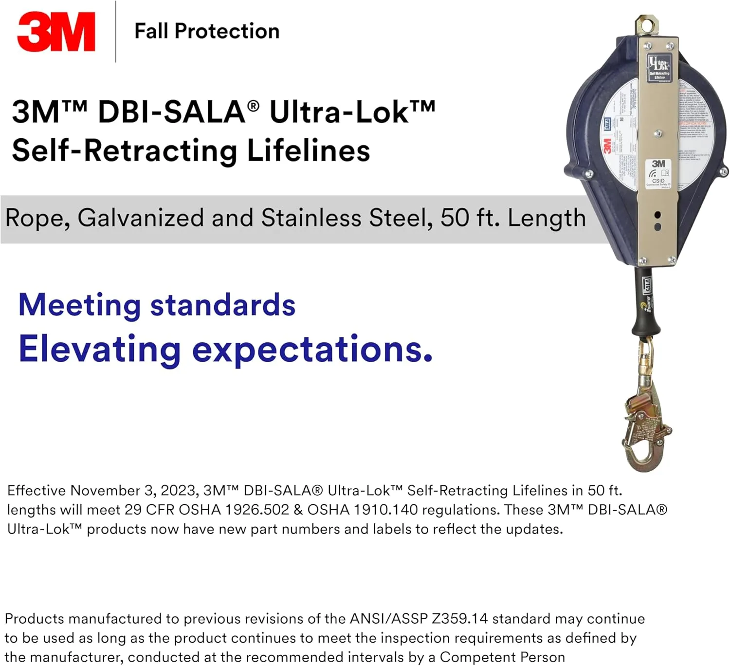 3M DBI-SALA Ultra-Lok 3-Way Retrieval Self-Retracting Lifeline with Bracket 3503886, Galvanized Cable, 50 ft
