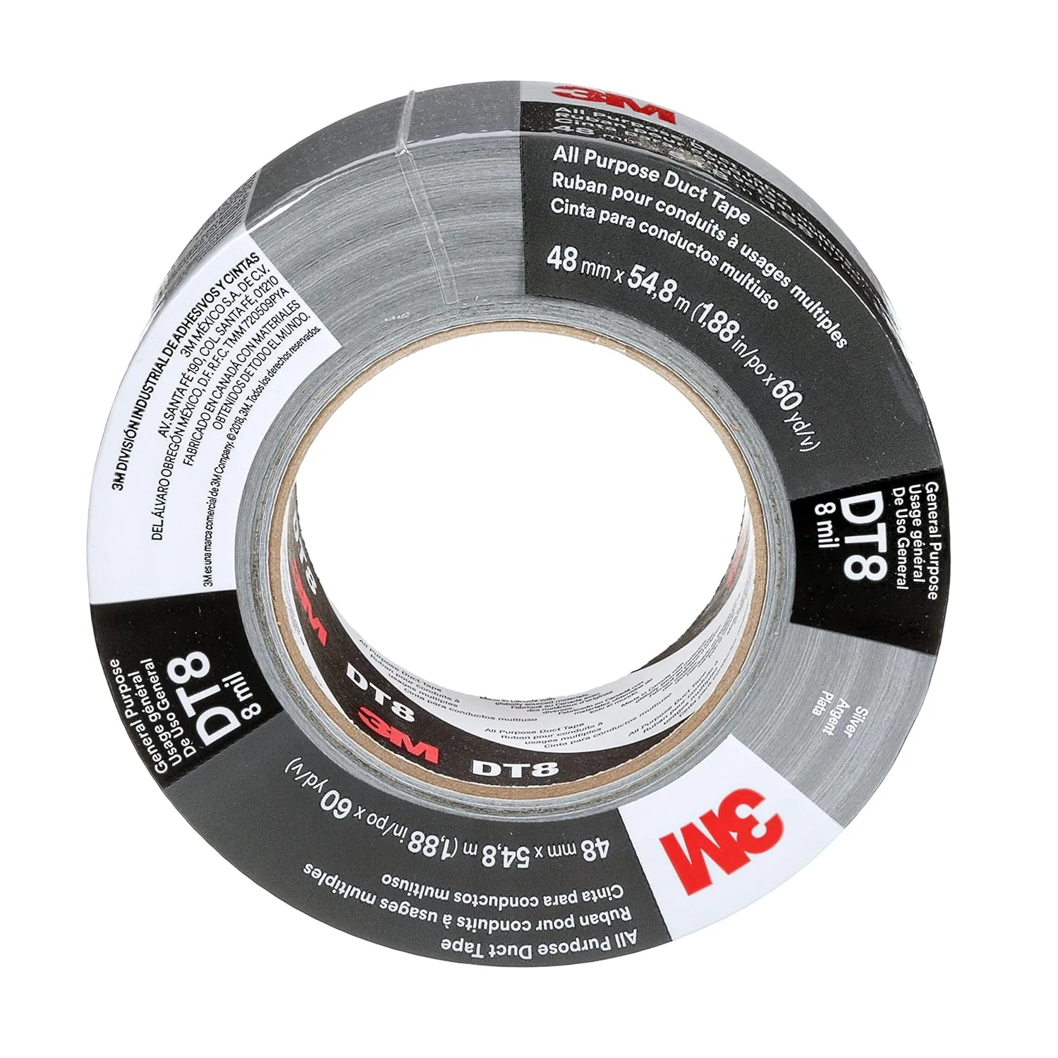 3M DT8 Industrial Strength Multi-Use Duct Tape, Silver, 1.88in x 60 yd x 8 mil Thickness – Professional Grade Adhesive