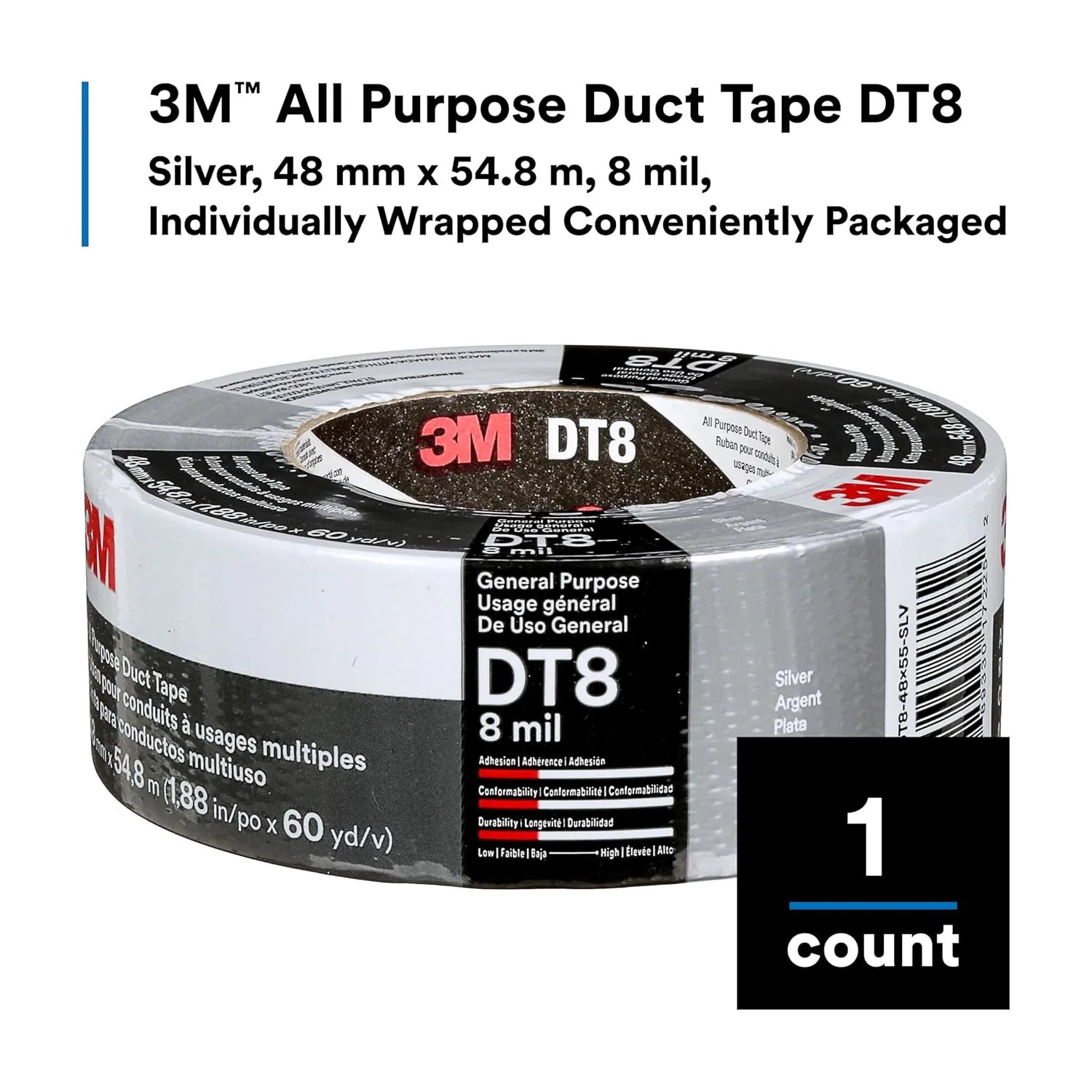 3M DT8 Industrial Strength Multi-Use Duct Tape, Silver, 1.88in x 60 yd x 8 mil Thickness – Professional Grade Adhesive