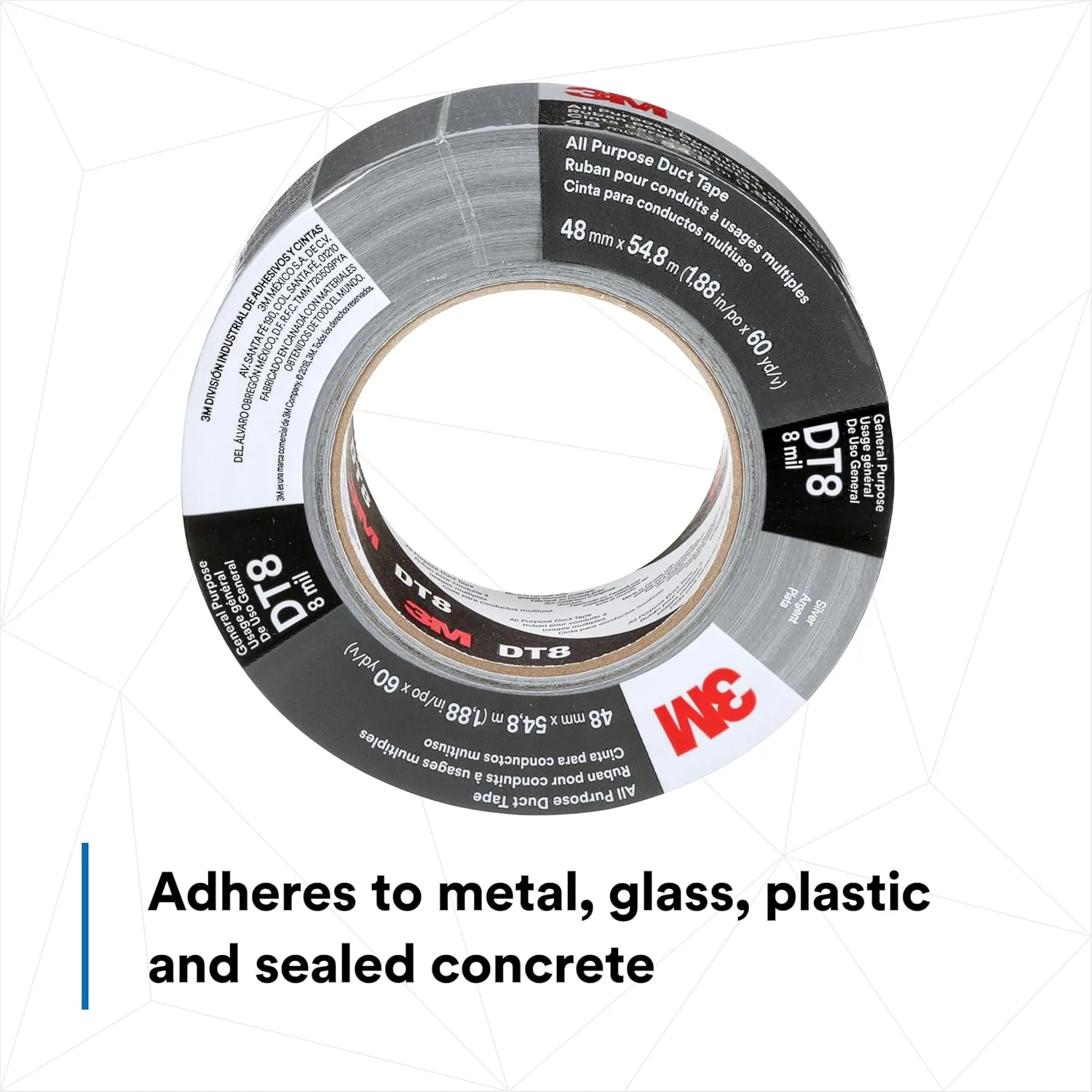 3M DT8 Industrial Strength Multi-Use Duct Tape, Silver, 1.88in x 60 yd x 8 mil Thickness – Professional Grade Adhesive