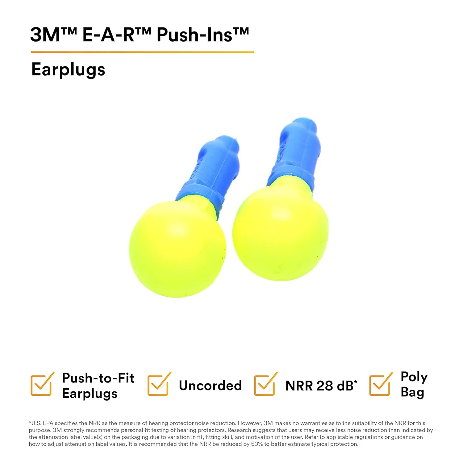 3M E-A-R Push-Ins Earplugs 318-1000, 28.0 dBs, 100 Pair, ANSI, Uncorded, No Roll, Push to Fit, Poly Bag