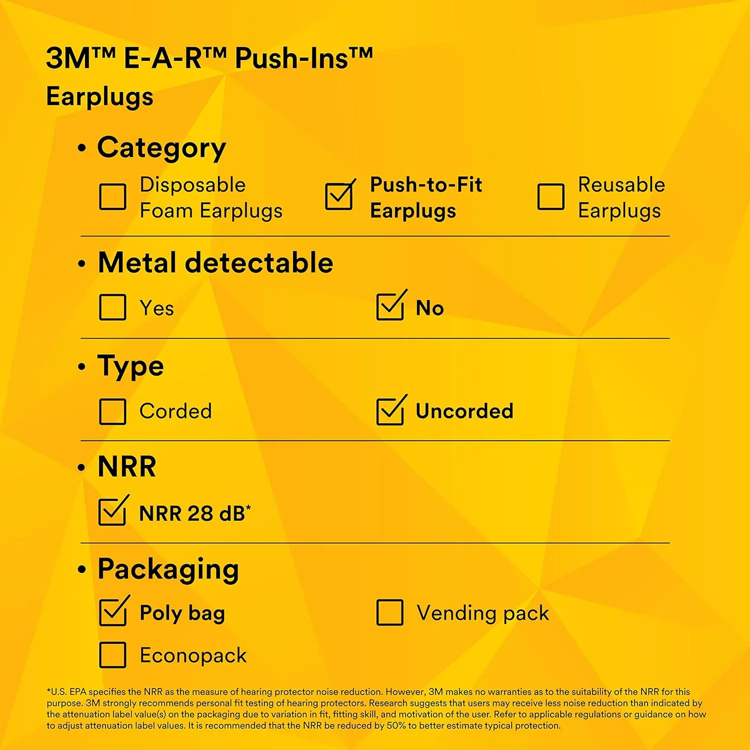 3M E-A-R Push-Ins Earplugs 318-1000, 28.0 dBs, 100 Pair, ANSI, Uncorded, No Roll, Push to Fit, Poly Bag