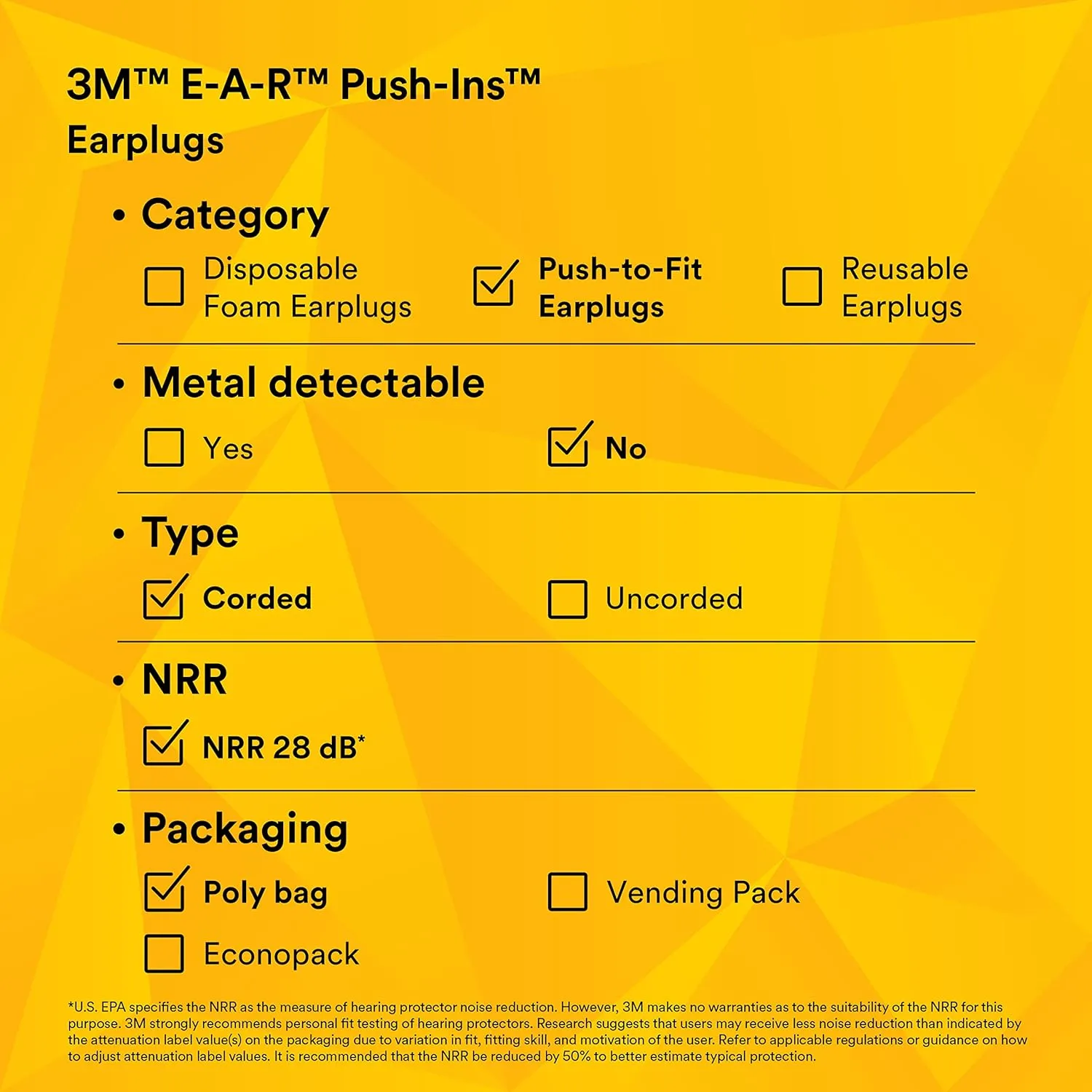 3M E-A-R Push-Ins Earplugs 318-1001, Corded, Poly Bag 100-Pair Yellow/ Blue 100 Pair (Pack of 1)