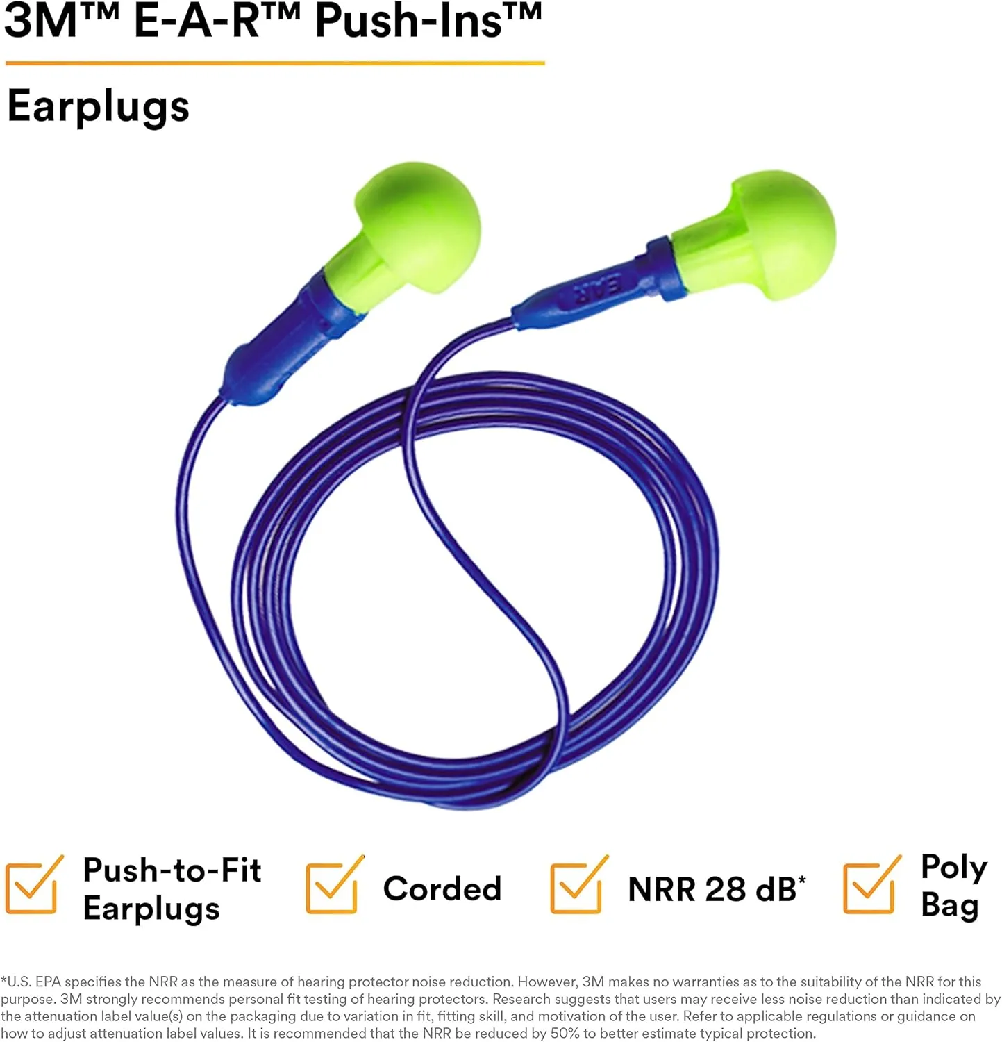 3M E-A-R Push-Ins Earplugs 318-1001, Corded, Poly Bag 100-Pair Yellow/ Blue 100 Pair (Pack of 1)