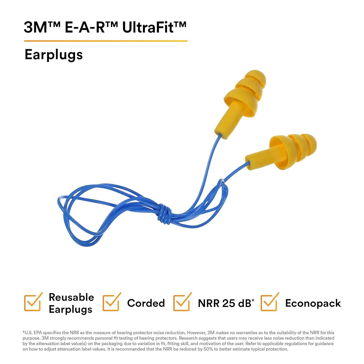 3M E-A-R UltraFit 40053 340-4014 E-A-R UltraFit Corded Earplugs, in Econopack Dispenser Box, 12" Height, 9.25" Length