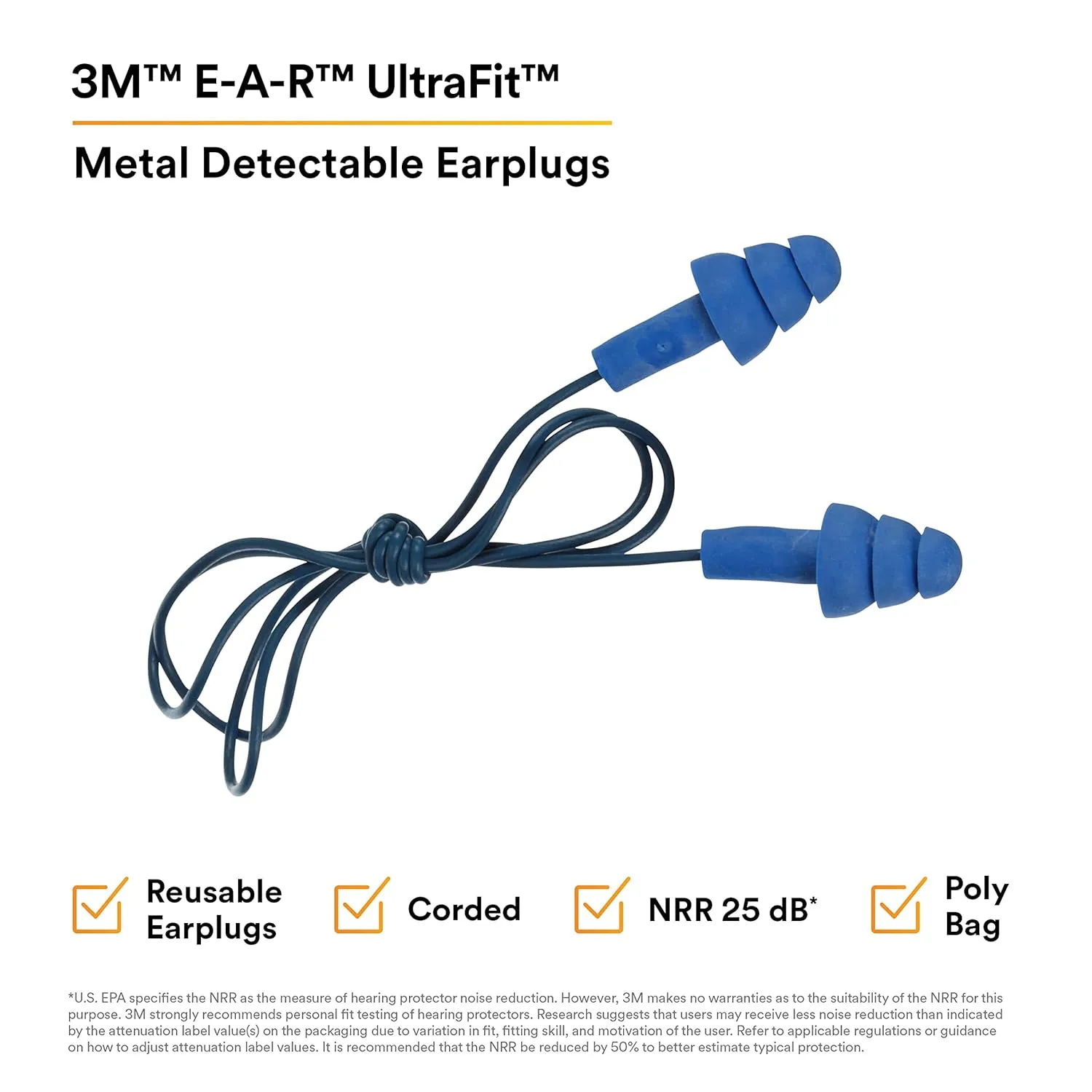 3M E-A-R UltraFit Earplugs 340-4007, Metal Detectable, Corded, Poly Bag, 400 Pair/Case