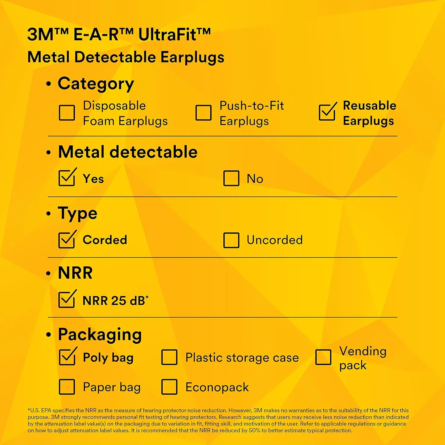 3M E-A-R UltraFit Earplugs 340-4007, Metal Detectable, Corded, Poly Bag, 400 Pair/Case