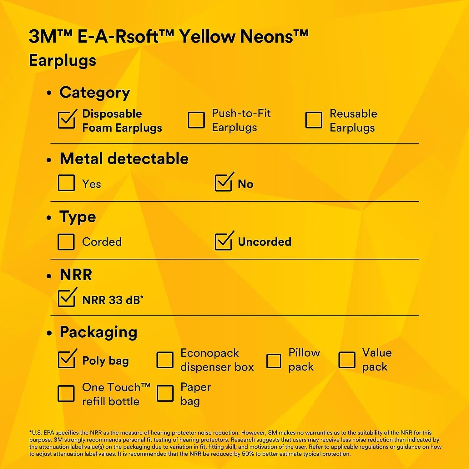 3M E-A-Rsoft Yellow Neons Uncorded Foam Ear Plugs
