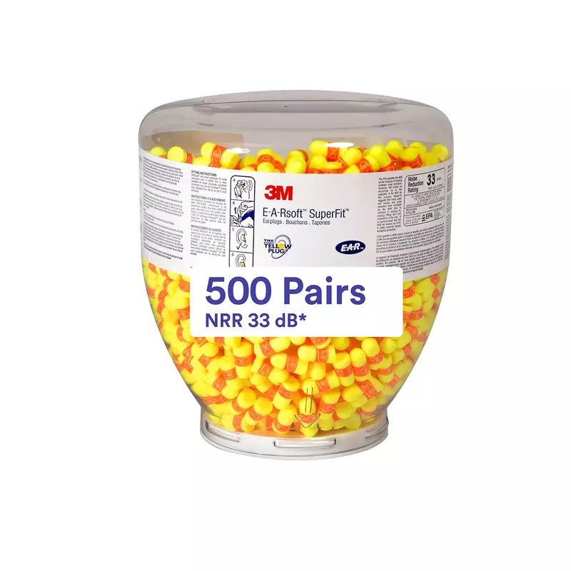 3M Ear Plugs, 500 Pair/Refill Bottle for One Touch Dispenser, E-A-Rsoft SuperFit 391-1254, Uncorded, Disposable, Foam