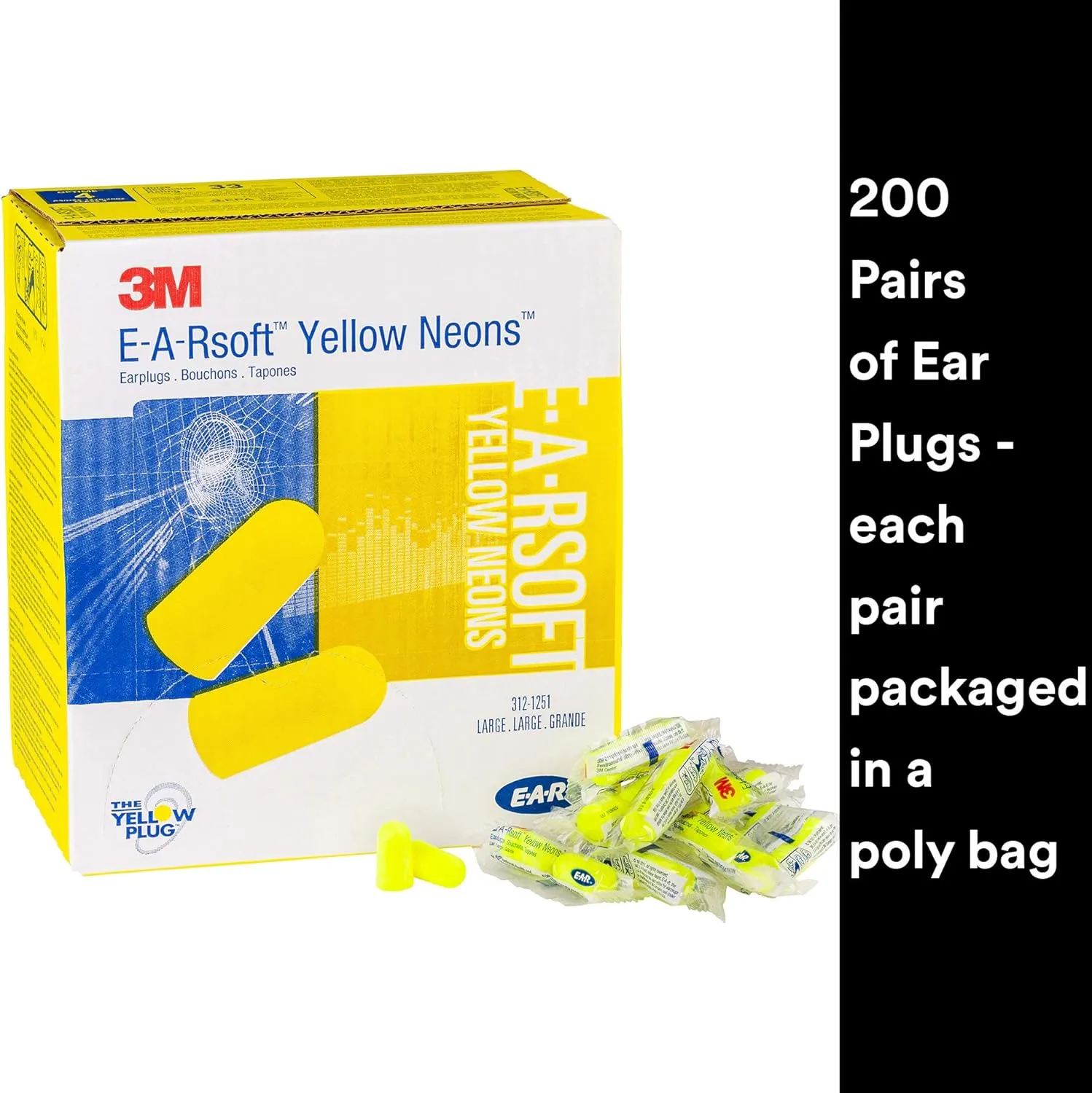 3M E-A-Rsoft Yellow Neons Uncorded Foam Ear Plugs