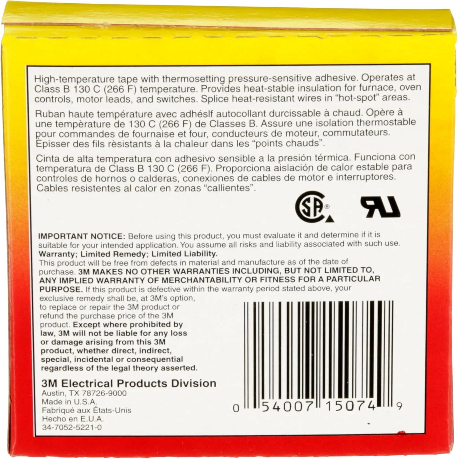 3M Glass Cloth Electrical Tape 27, 3/4 in x 66 ft, 1 Roll, Non-Corrosive Adhesive, Pressure Sensitive, High Temperature