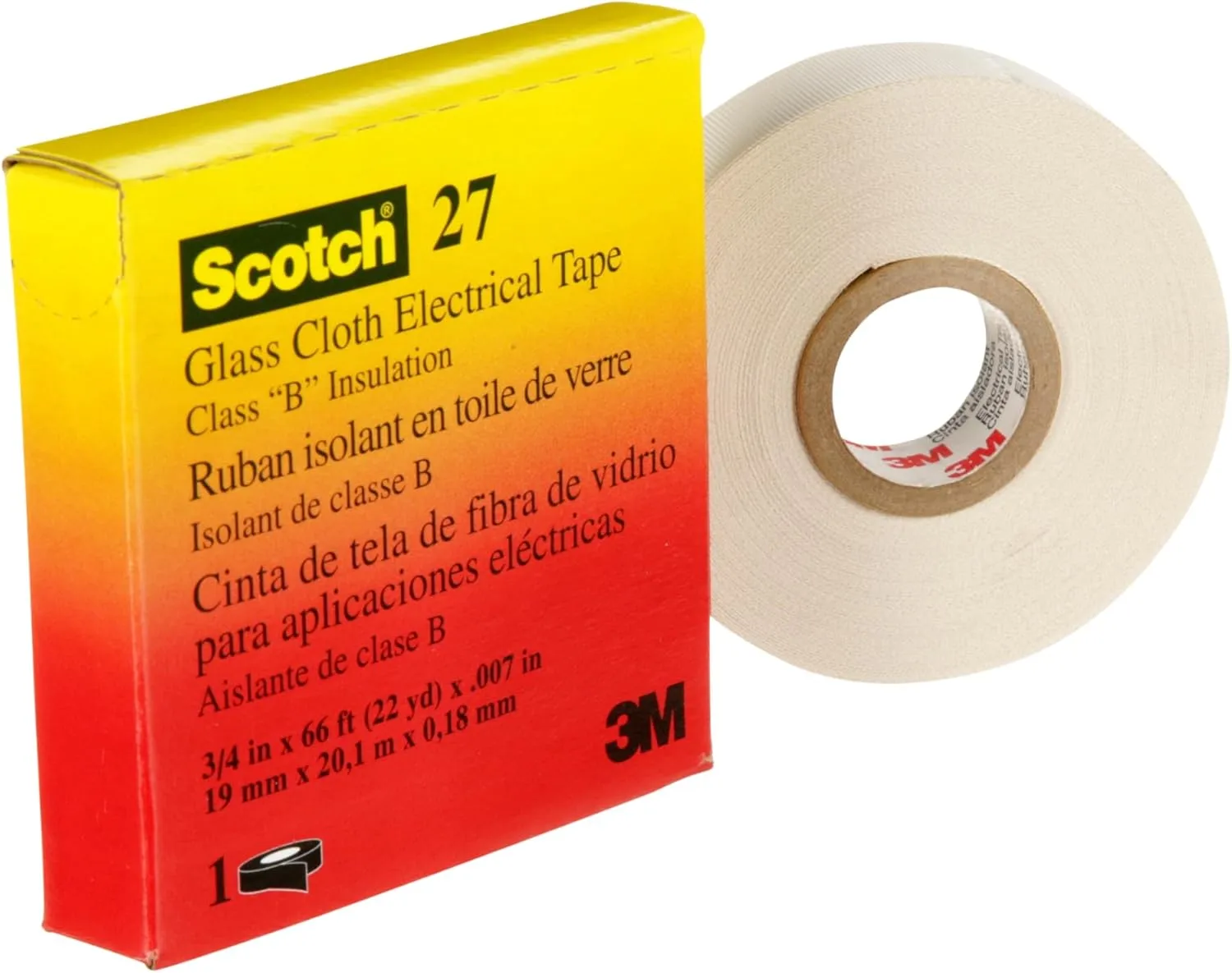 3M Glass Cloth Electrical Tape 27, 3/4 in x 66 ft, 1 Roll, Non-Corrosive Adhesive, Pressure Sensitive, High Temperature