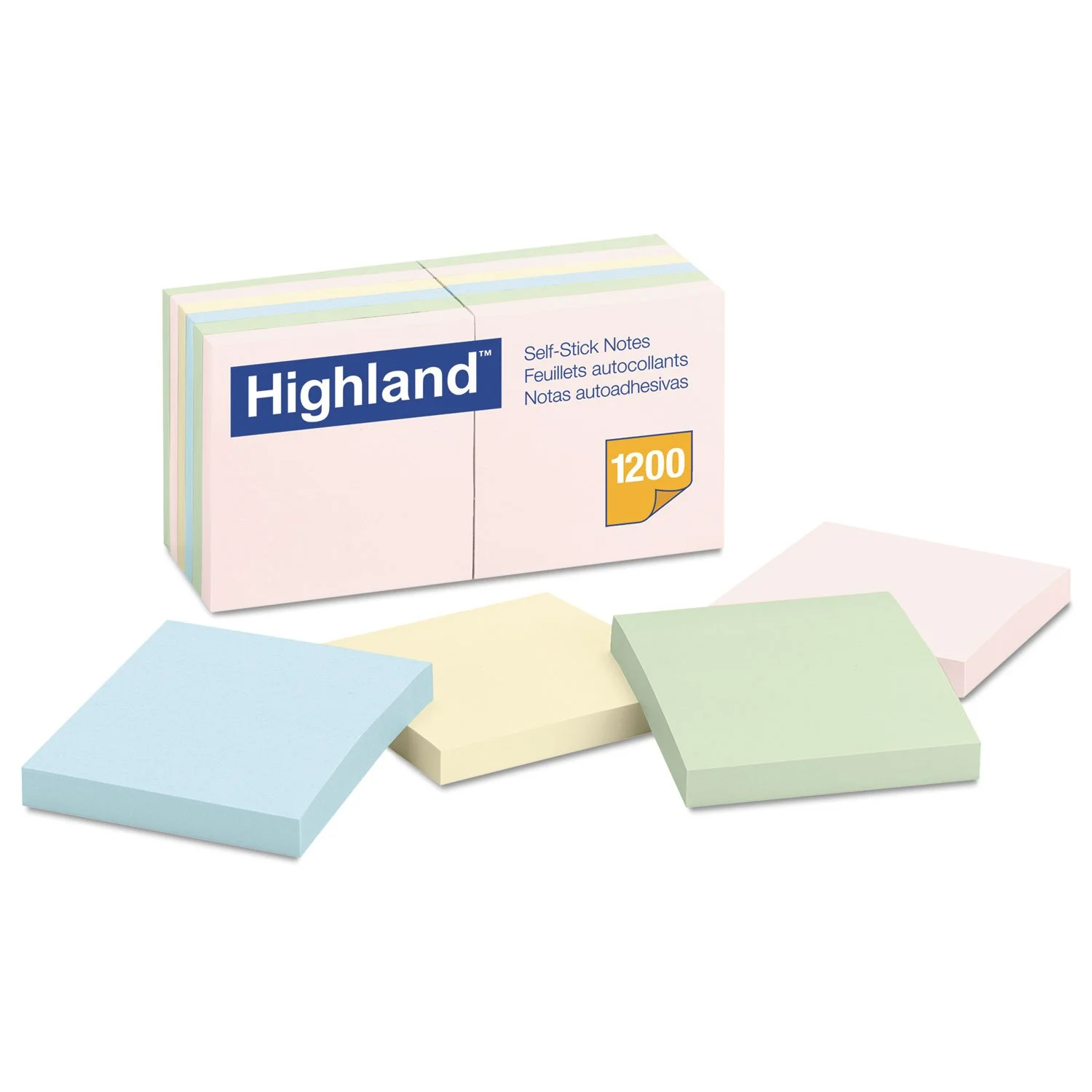 Highland 6549A Self-Stick Notes, 3 x 3, Assorted Pastel, 100-Sheet, 12/Pack