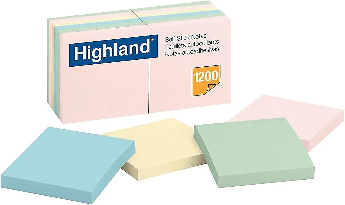 Highland 6549A Self-Stick Notes, 3 x 3, Assorted Pastel, 100-Sheet, 12/Pack