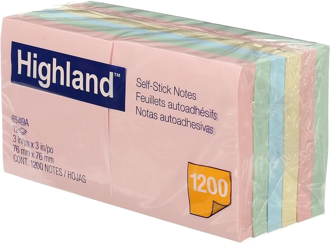 Highland 6549A Self-Stick Notes, 3 x 3, Assorted Pastel, 100-Sheet, 12/Pack