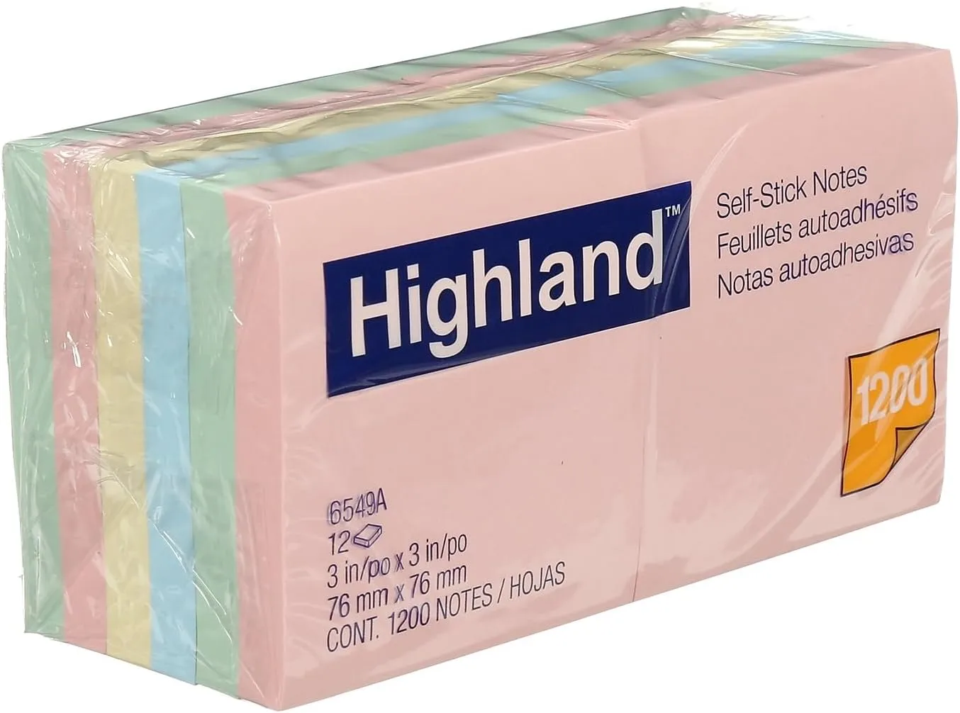 Highland 6549A Self-Stick Notes, 3 x 3, Assorted Pastel, 100-Sheet, 12/Pack