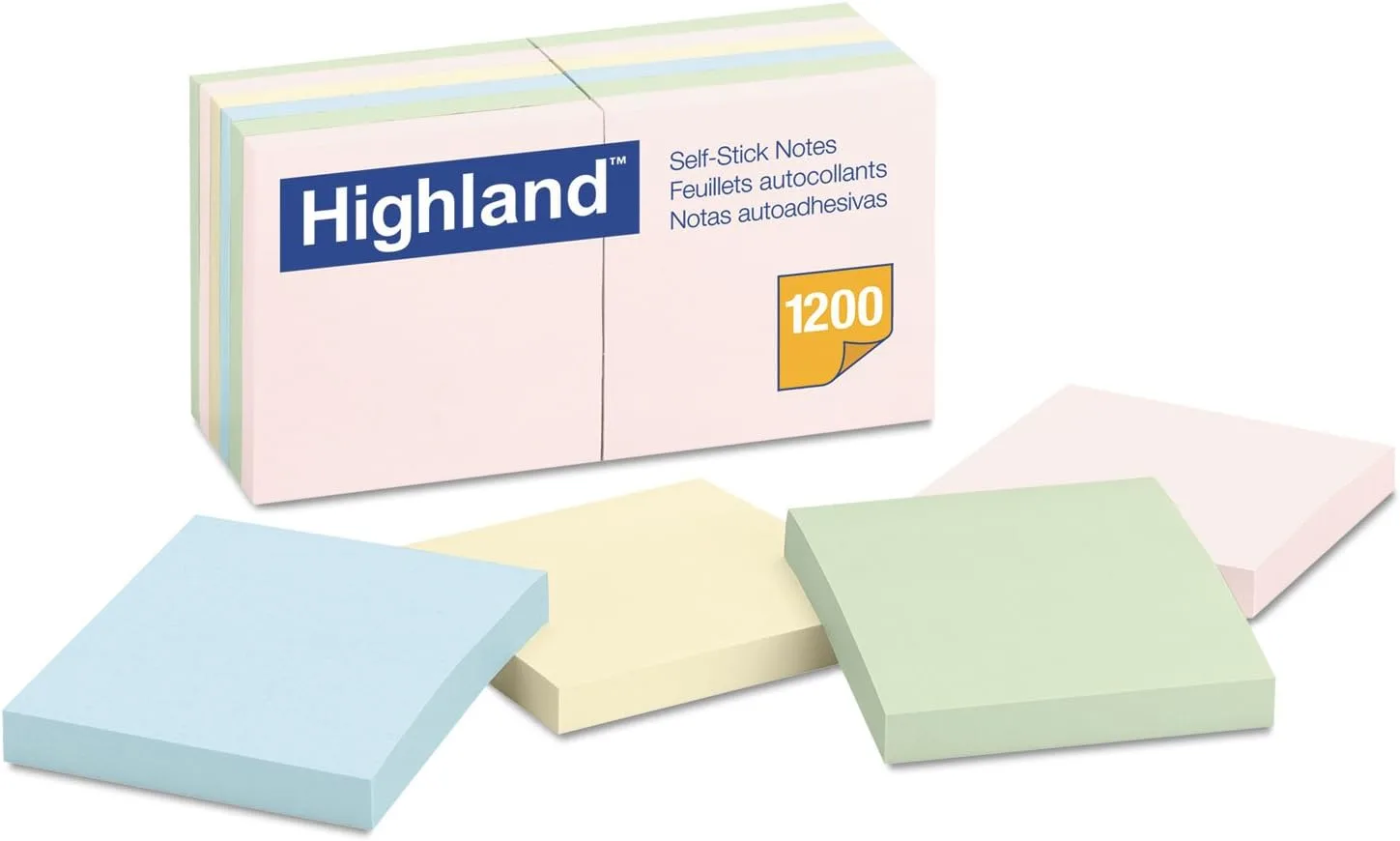 Highland 6549A Self-Stick Notes, 3 x 3, Assorted Pastel, 100-Sheet, 12/Pack