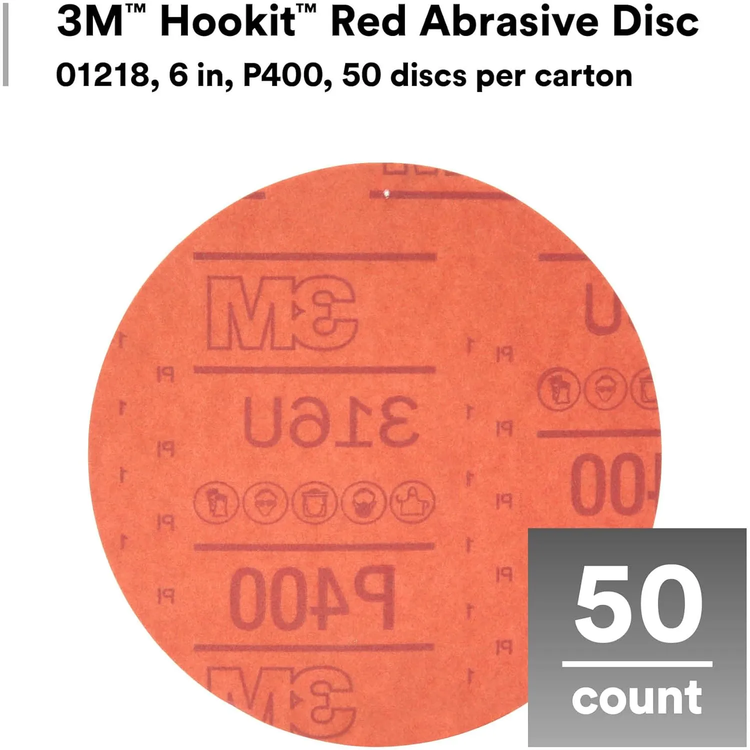 3M Hookit Red Abrasive Sanding Discs, 6 in, Pack of 50