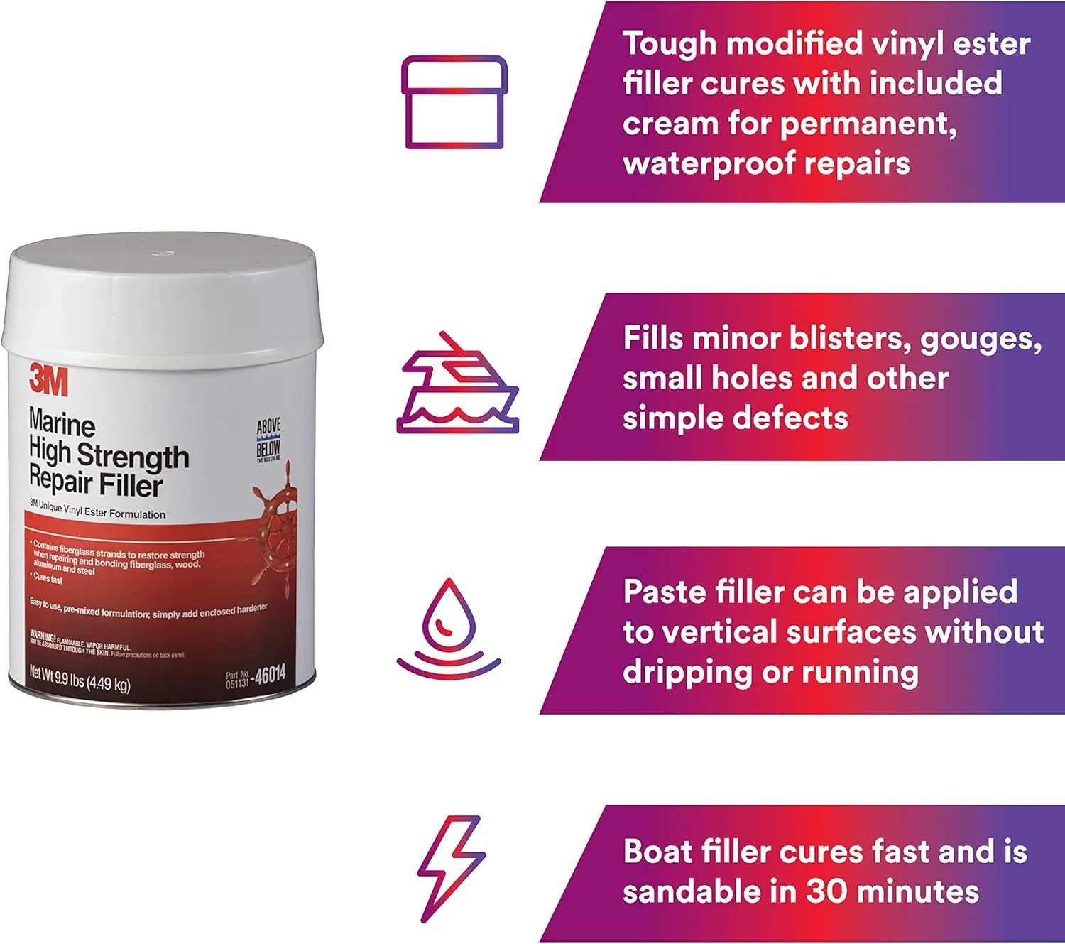 3M Marine High Strength Repair Filler, 46014, 1 gal, White, Gallon