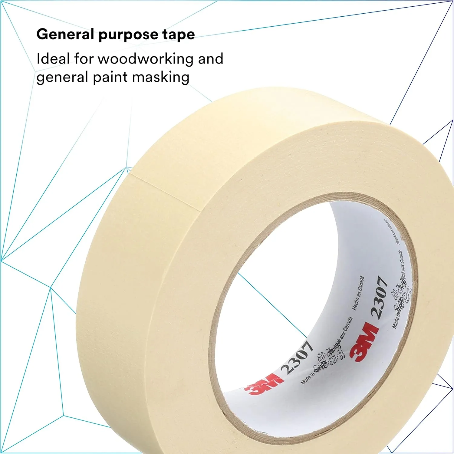 3M Masking Tape 2307, Tan Color, General Purpose, Rubber Adhesive, Crepe-Paper Backing, 24 mm x 55 m, 5.2 mil