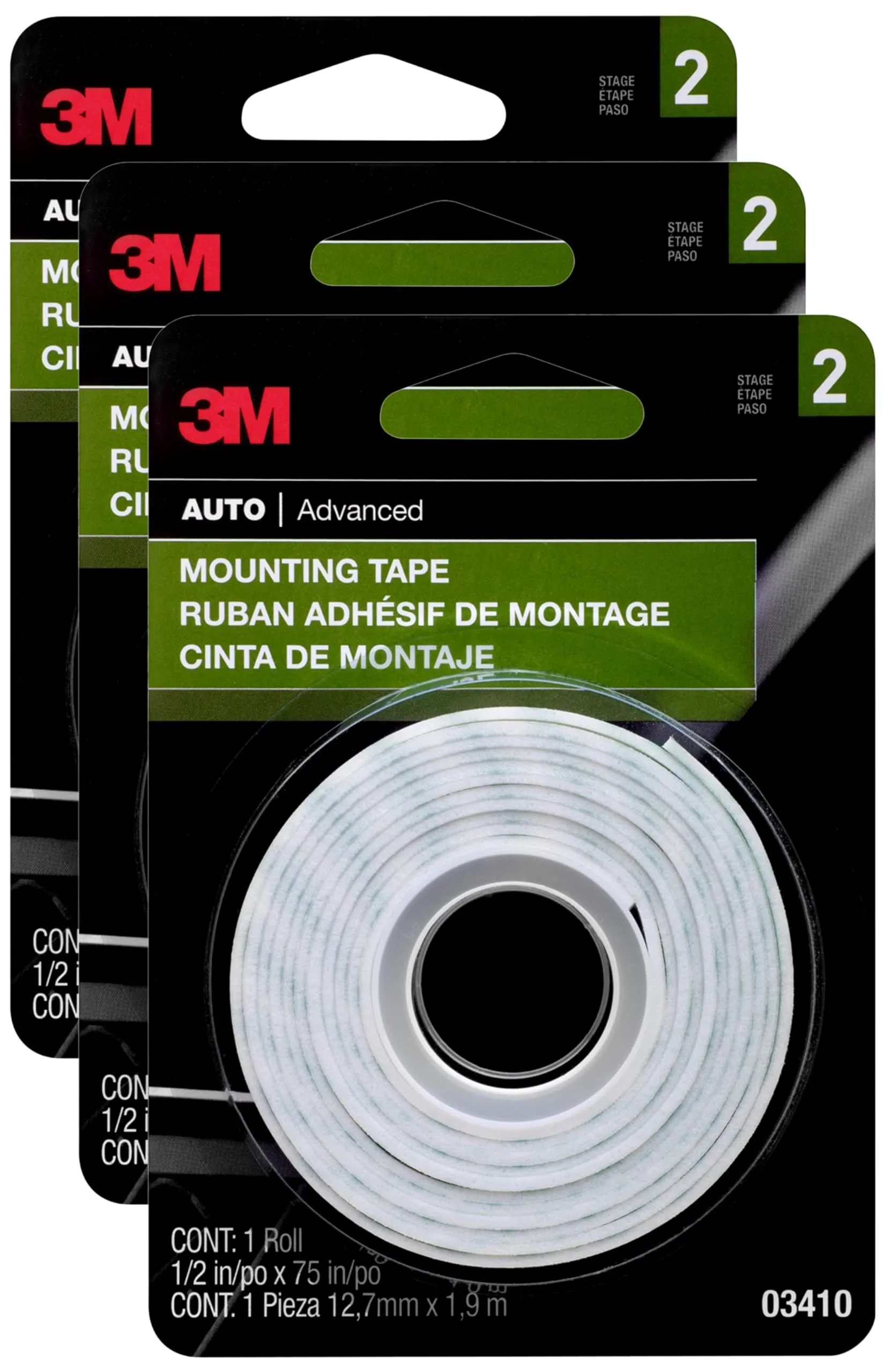 3M Mounting Tape 03410, 1/2 in x 75 in, Pack of 3