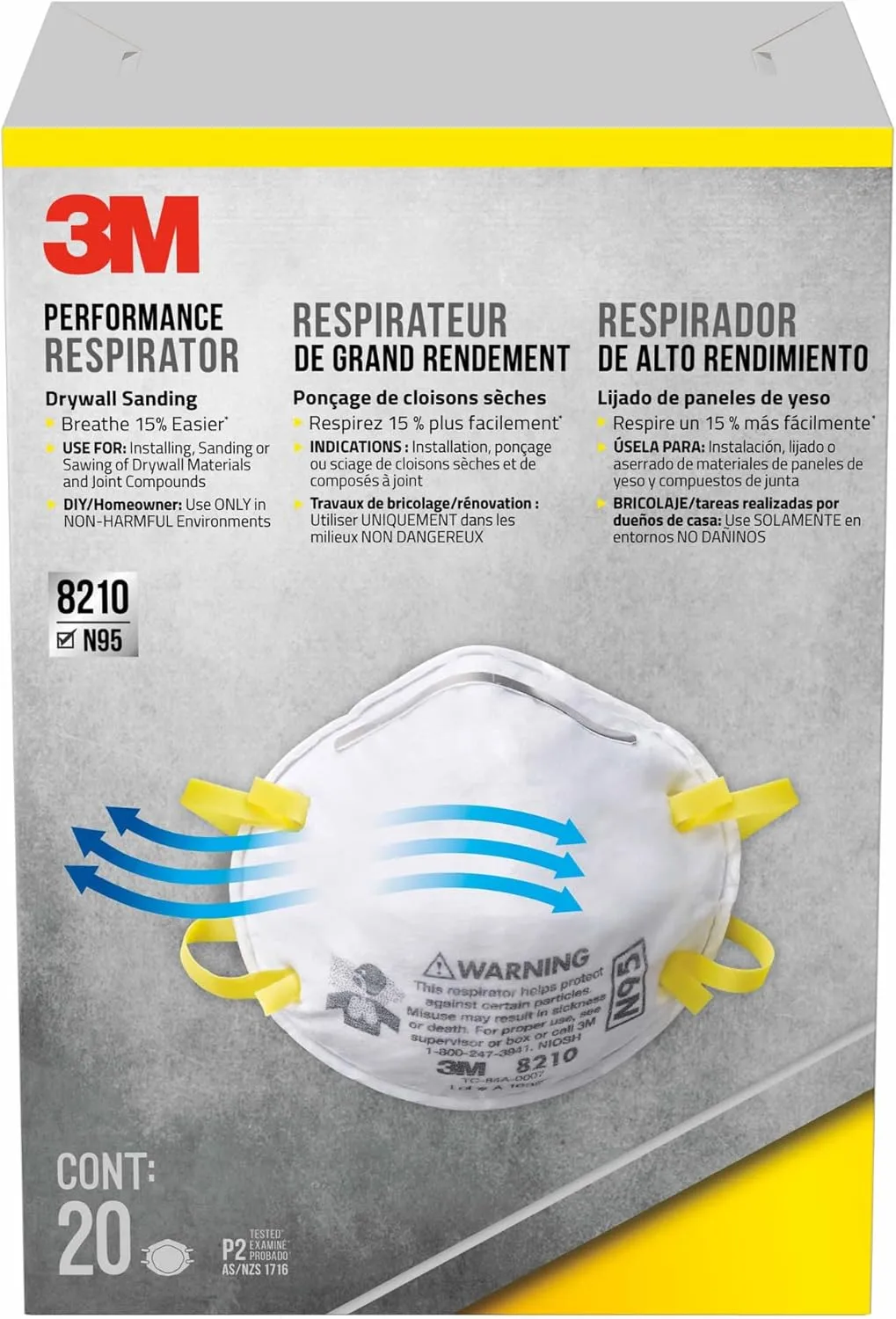 3M N95 Performance Respirator 8210, 2 Pack, Drywall Sanding, NIOSH-APPROVED N95, Advanced Filter Media For Easy Breathing, Cushioning Nose Foam, Adjustable Noseclip, Stretchable Straps (8210D2-DC)