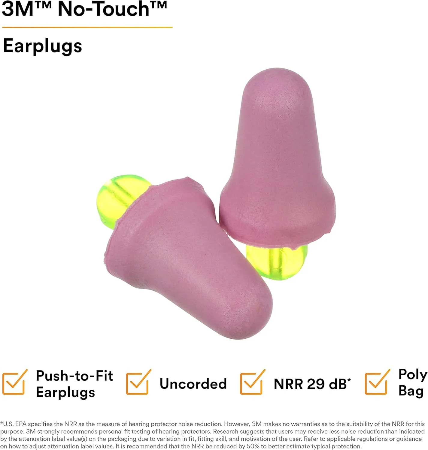 3M No-Touch Foam Earplugs P2000, Uncorded, 100 Pair/Case|Purple| One Size