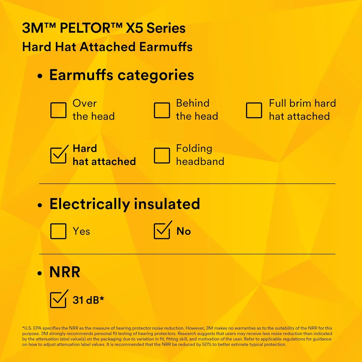 3M PELTOR Ear Muff Hearing Protection, X5 Series, Noise Protection NRR 21 dB, Construction, Manufacturing, Automotive One Size Fits Most Cap Style Hard Hat Attached