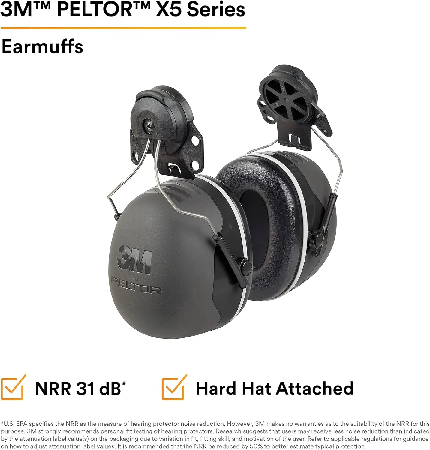 3M PELTOR Ear Muff Hearing Protection, X5 Series, Noise Protection NRR 21 dB, Construction, Manufacturing, Automotive One Size Fits Most Cap Style Hard Hat Attached