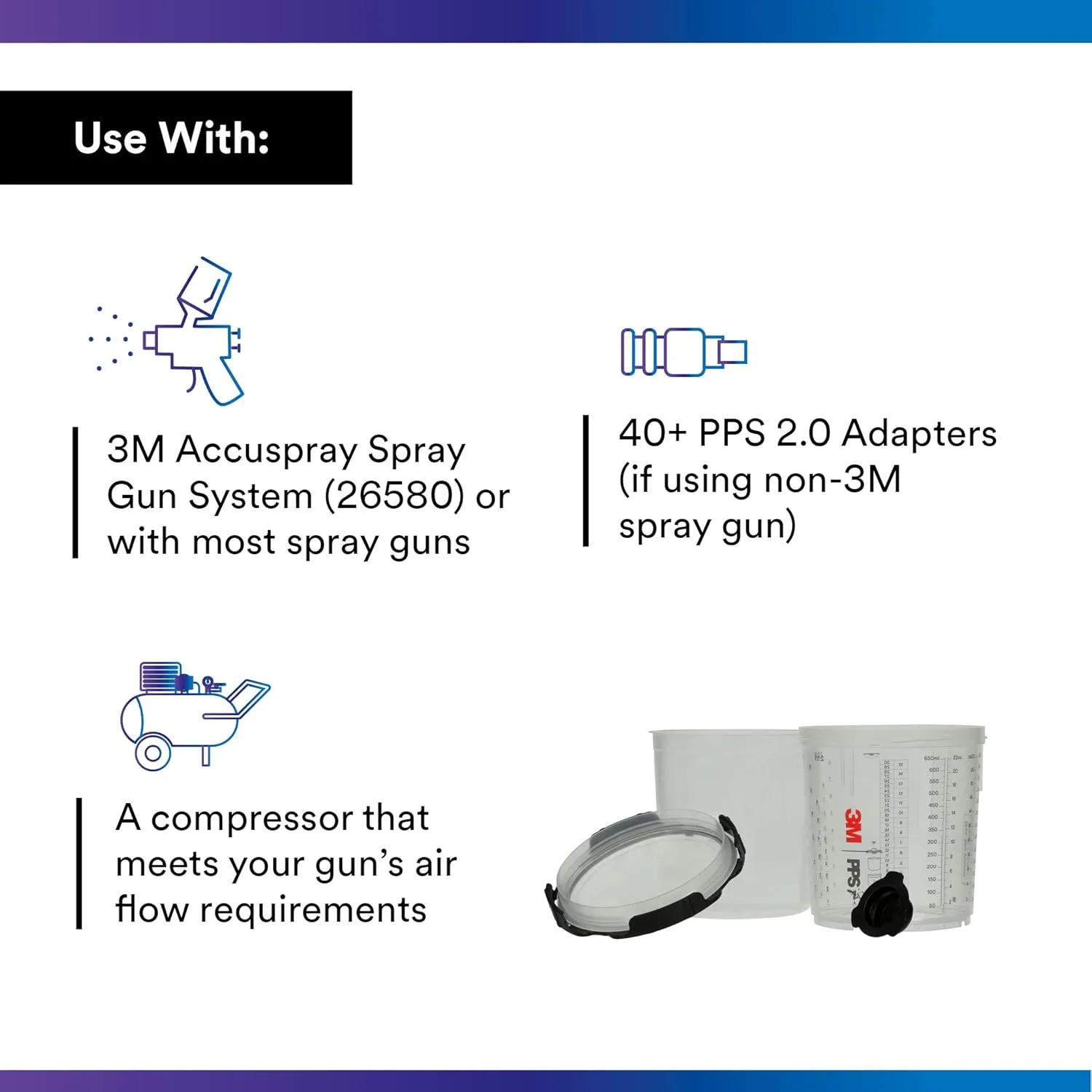 3M 26000 PPS 2.0 Spray Gun Cup, Lids and Liners Kit, Standard, 200-Micron Filter, 22 Ounces, BLACK,SILVER 22 oz (Standard) Kit