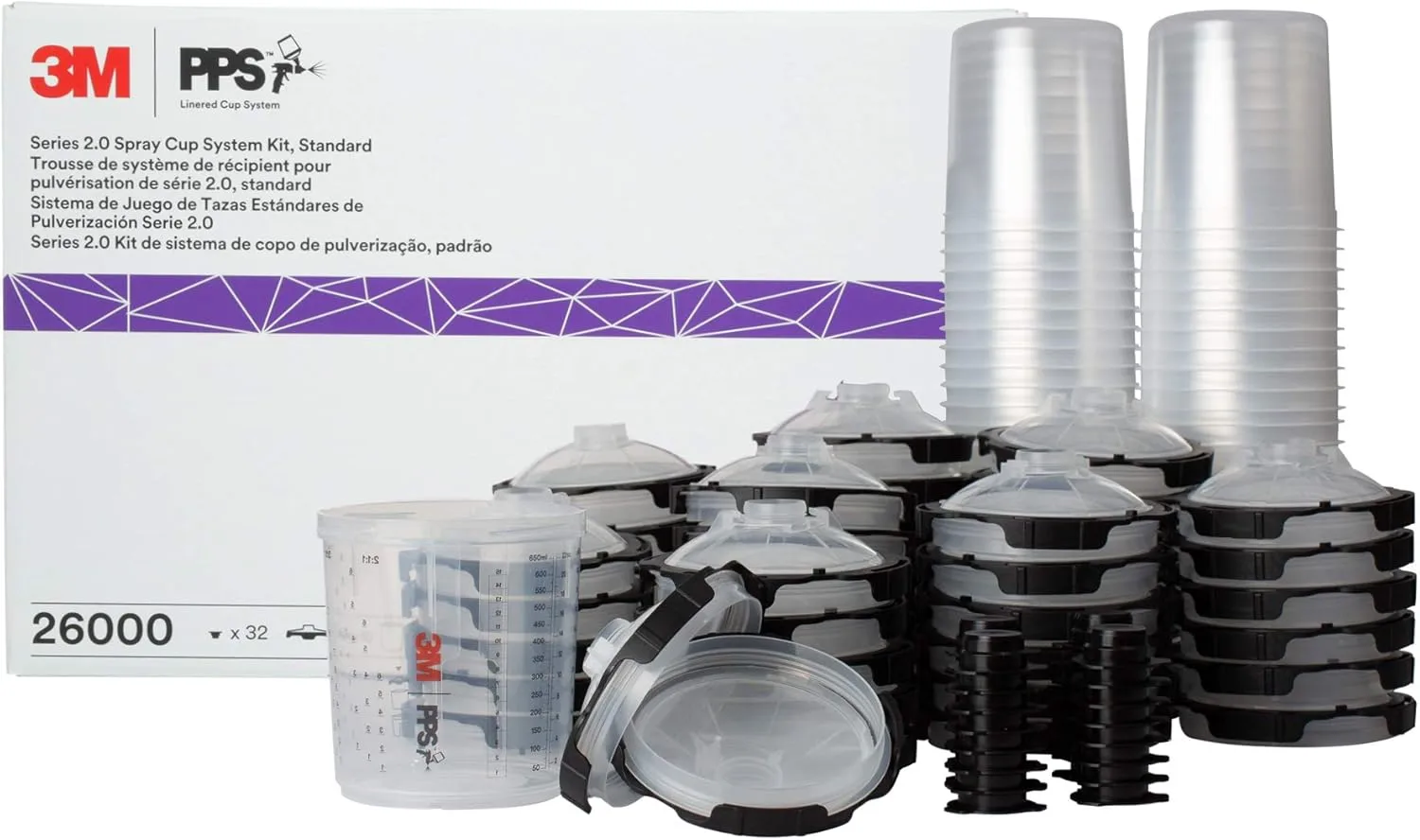 3M 26000 PPS 2.0 Spray Gun Cup, Lids and Liners Kit, Standard, 200-Micron Filter, 22 Ounces, BLACK,SILVER 22 oz (Standard) Kit