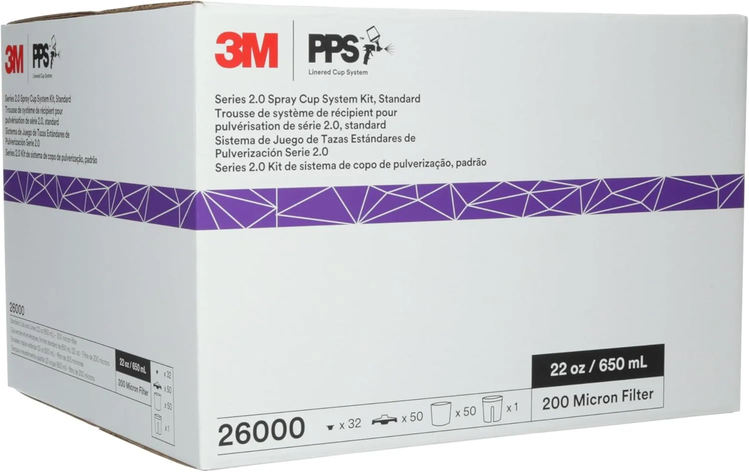 3M 26000 PPS 2.0 Spray Gun Cup, Lids and Liners Kit, Standard, 200-Micron Filter, 22 Ounces, BLACK,SILVER 22 oz (Standard) Kit