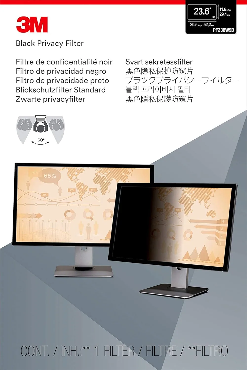3M Privacy Filter for 23.6" Widescreen Monitor, Blackout Side Views (PF236W9B)
