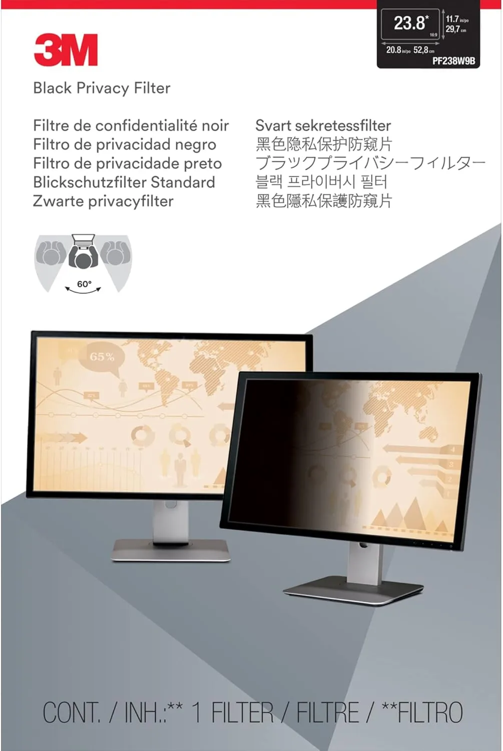 3M Privacy Filter 23.8in Widescreen Monitor PF238W9B - Black