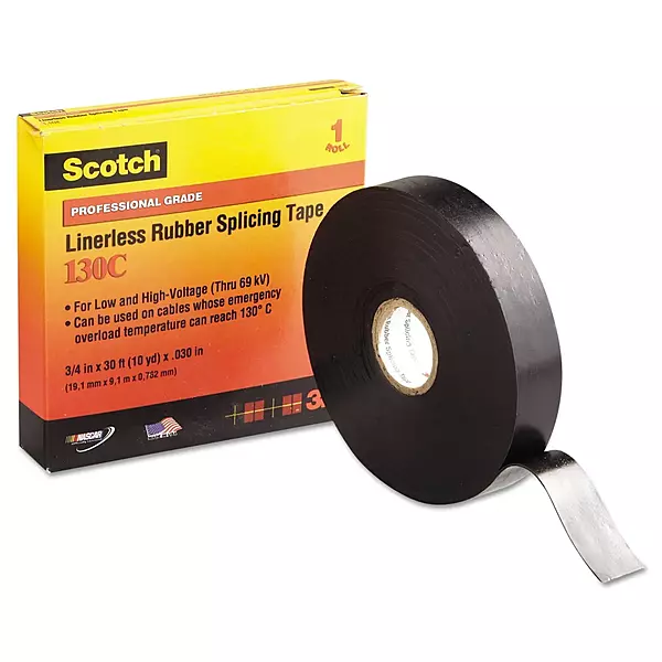 3M Scotch 130C Linerless High Voltage Rubber Splicing Tape, 3/4 in x 30 ft, Self-Fusing Electrical Insulation Tape, Black