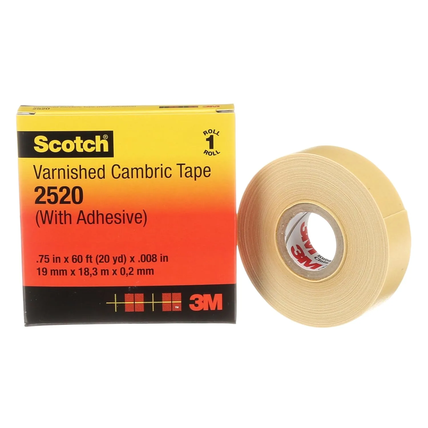 Scotch Varnished Cambric Tape 2520, Flexible, Electrically Insulating, Moisture Resistant, Yellow, 3/4 in x 60 ft
