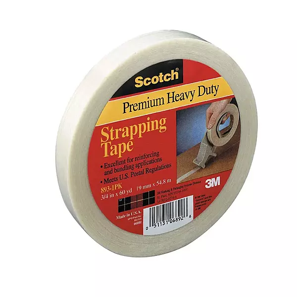 3M Scotch 893 Premium Heavy Duty Strapping Tape, 60 yds Length x 1/2" Width, Transparent