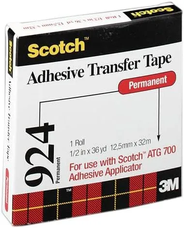 3M Scotch ATG Adhesive Transfer Tape 924 Clear, 0.50 in x 36 yd 2.0 mil (Pack of 1)