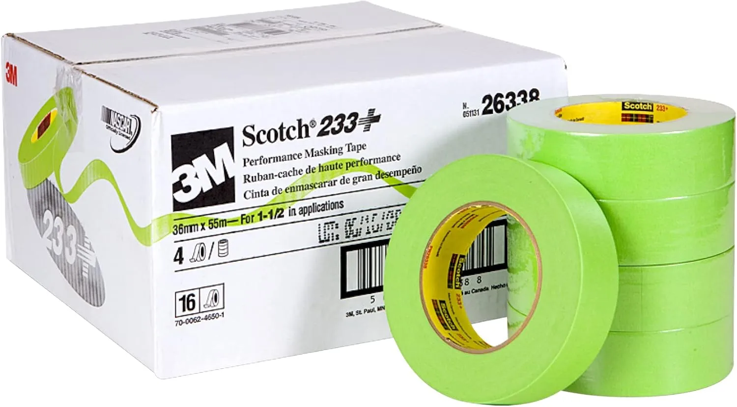 3M Scotch Performance Masking Tape 233+ 26338, 36 mm x 55 m, 1 Roll, Moisture Resistant, Flexible, Green Tape