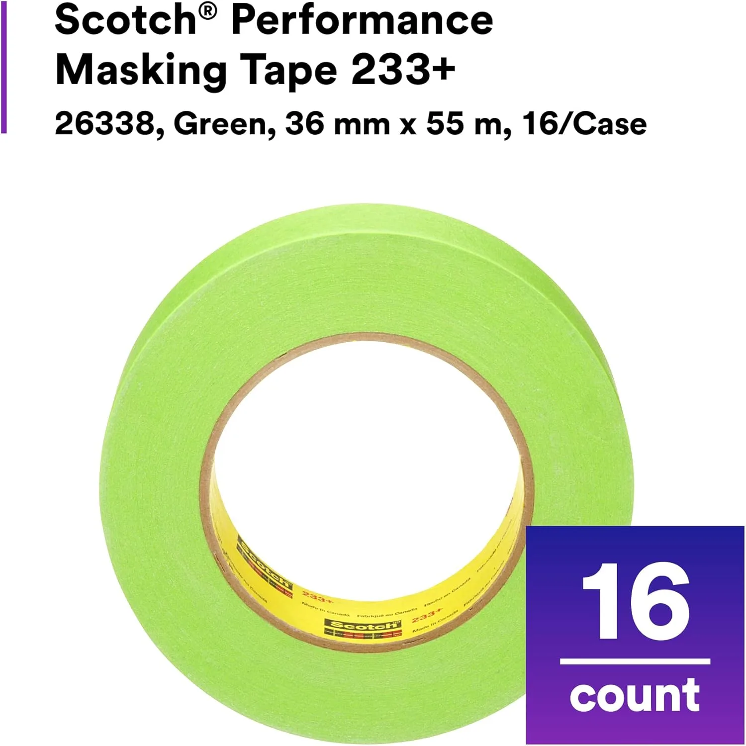 3M Scotch Performance Masking Tape 233+ 26338, 36 mm x 55 m, 1 Roll, Moisture Resistant, Flexible, Green Tape