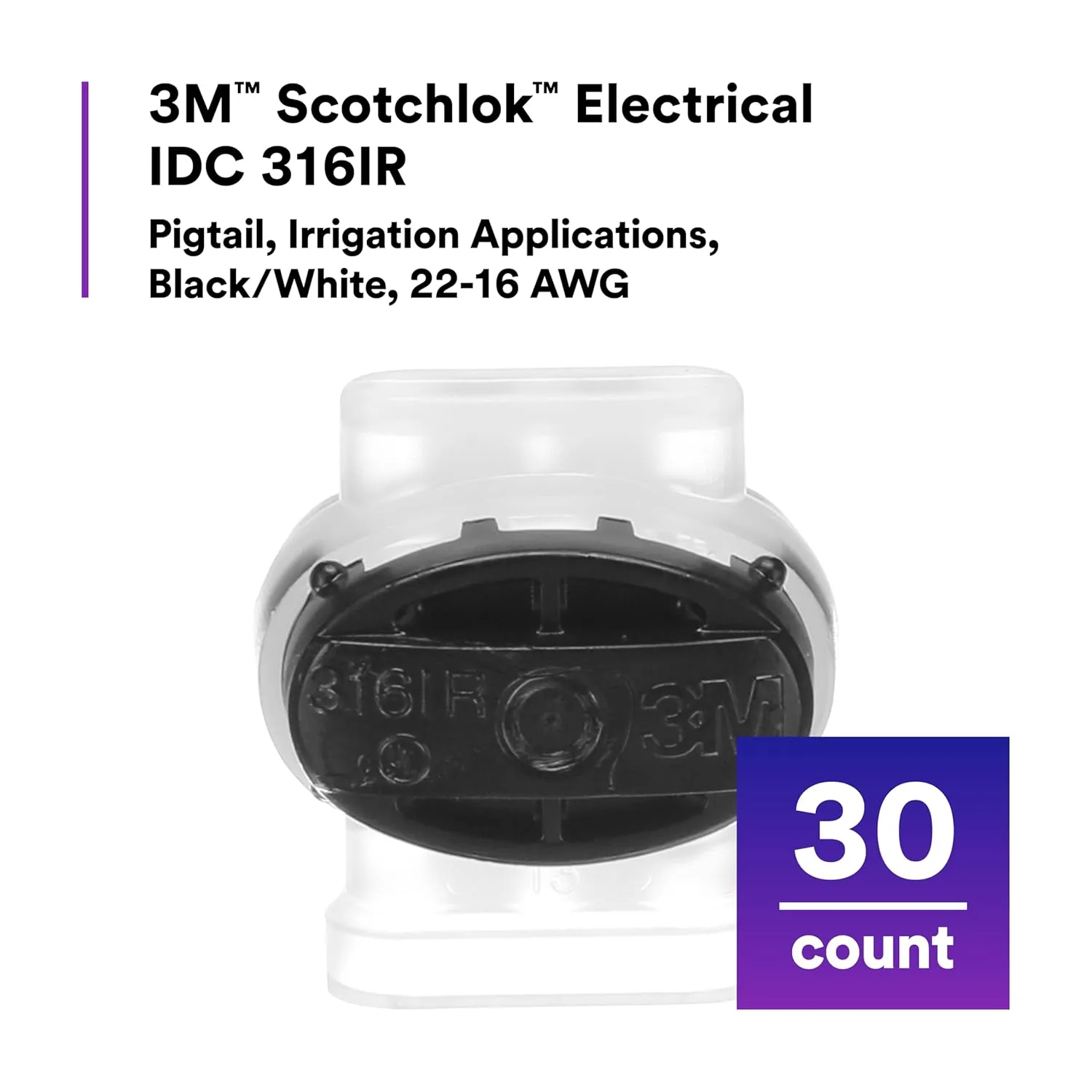 3M Scotchlok Self-Stripping Electrical IDC 316IR, Black/White Color, Pigtail, Irrigation Applications, Moisture Resistant