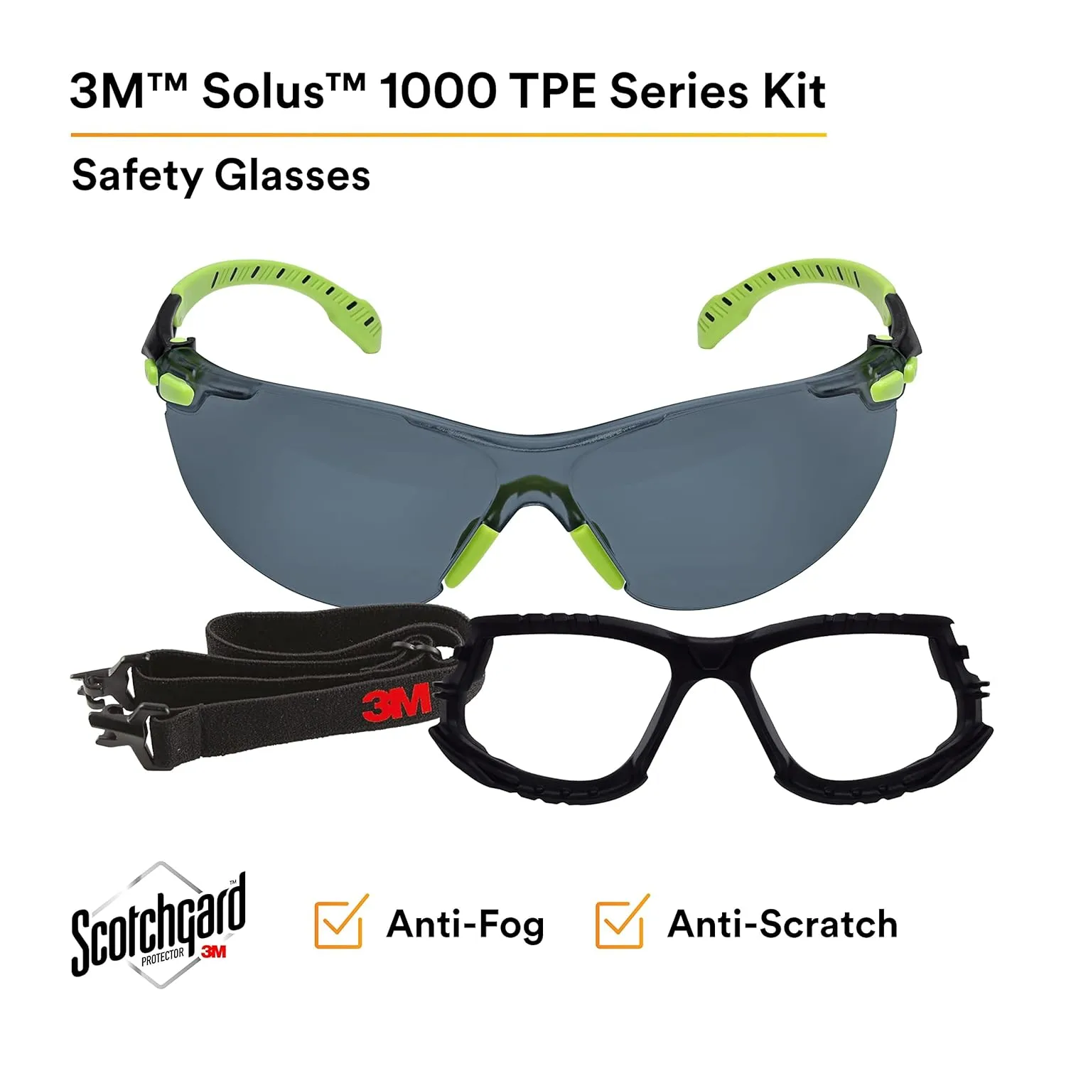 3M Solus 1000-Series S1202SGAF-KT Foam Strap, Green/Black, Grey Scotchgard Anti-Fog Lens, One Size (Pack of 1)