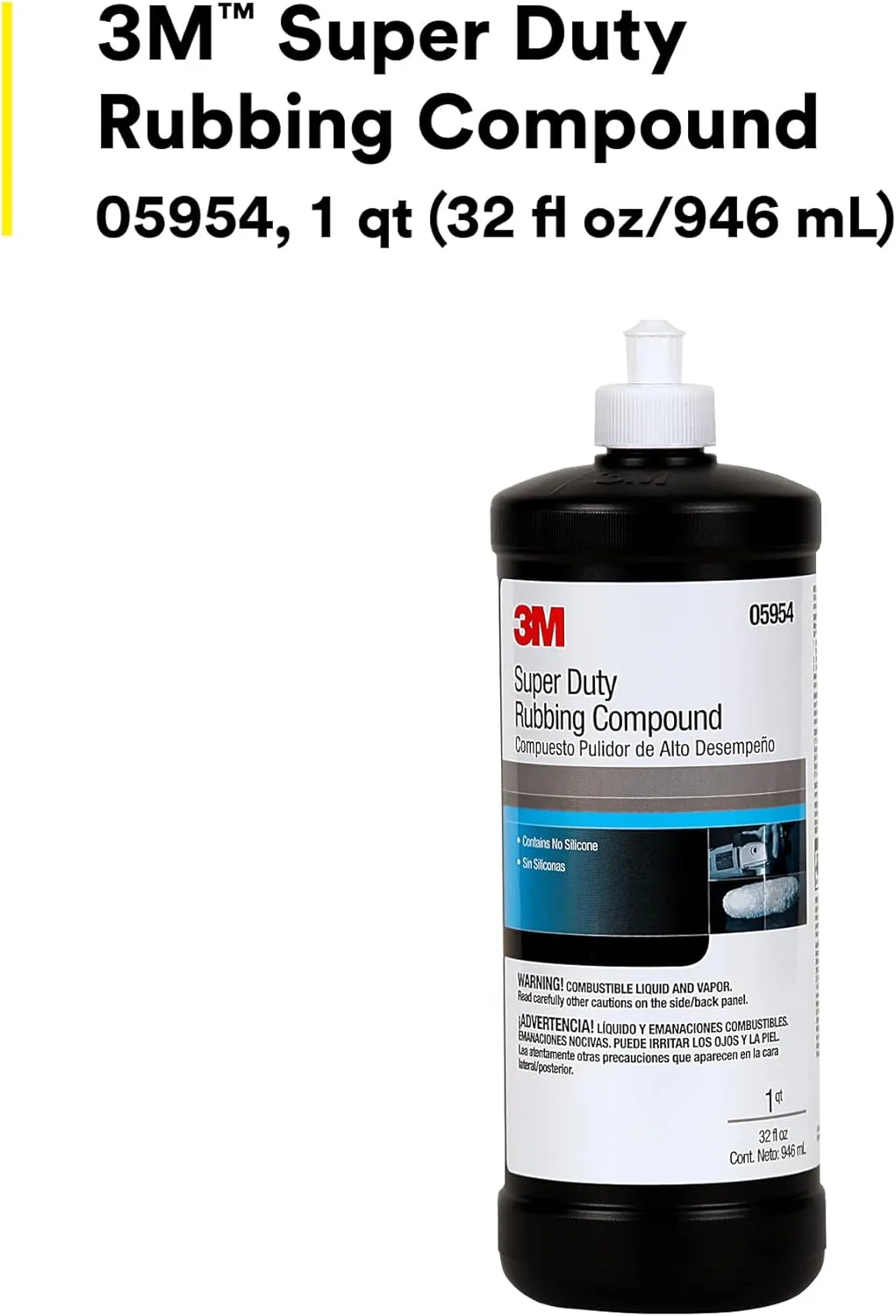 3M Super Duty Rubbing Compound, 05954, 1 qt (32 fl oz/946 mL), Contains No Waxes or Silicones
