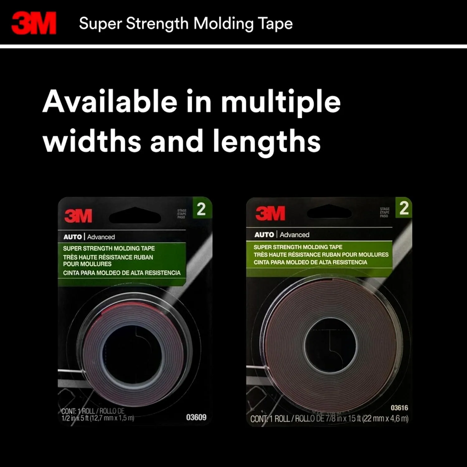 3M Super-Strength Molding Tape, 1/2 in x 15 ft, Double-Sided Adhesive (03614)