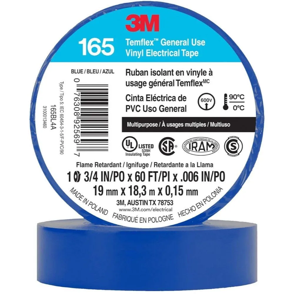 3M 165BL4A 60ft Temflex Vinyl Accs Elect. Tape 165 Blue 3/4 in