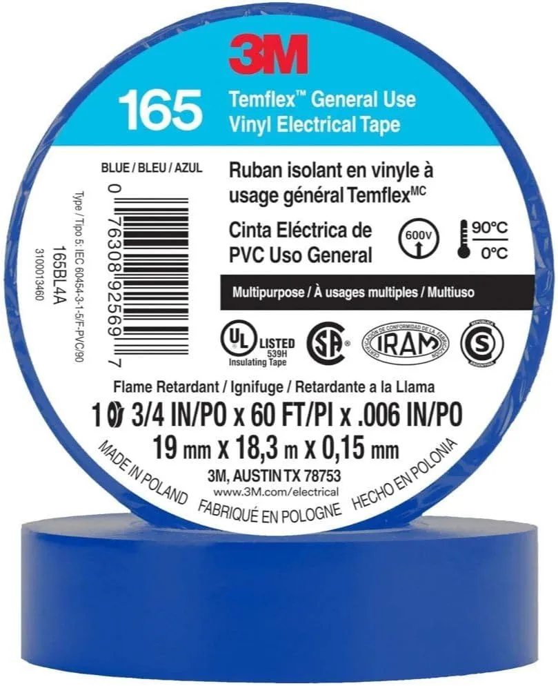 3M 165BL4A 60ft Temflex Vinyl Accs Elect. Tape 165 Blue 3/4 in