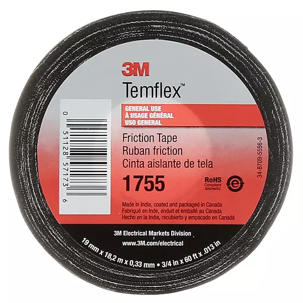 3M Temflex Cotton Friction Tape 1755, 3/4 in x 60 ft, Black, 1 Roll